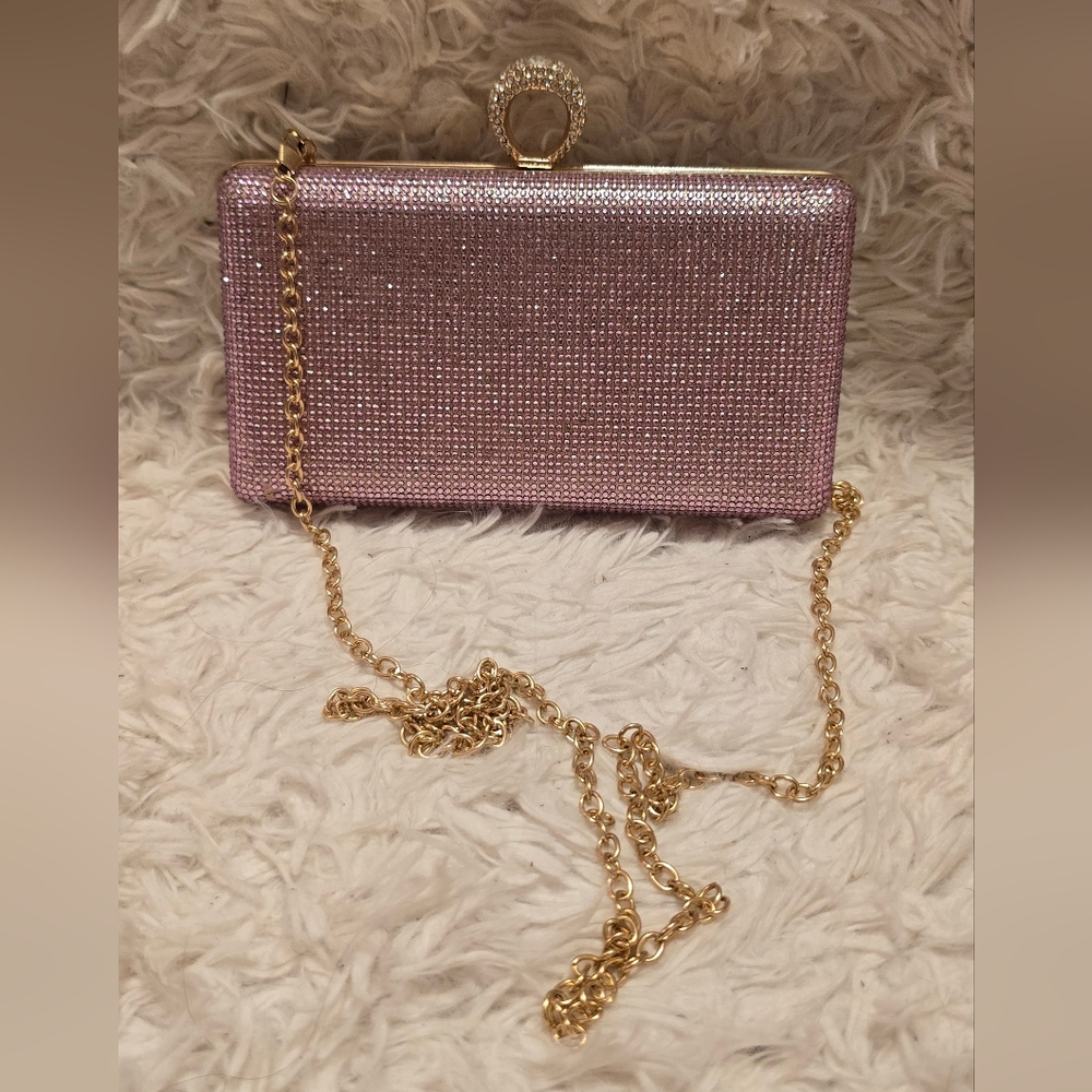 Rhinestone Pink Evening Clutch with Gold Chain Strap
